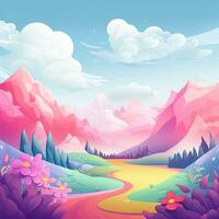 Bright abstract landscape in rainbow colors in flat style, mountains, clouds. Generative AI photo