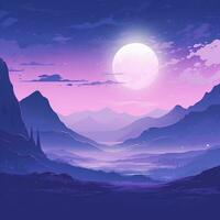 Purple night landscape, image of nature, sky, mountains. Generative AI photo
