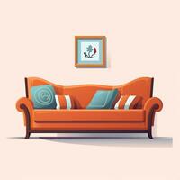 ilustración de un moderno interior en plano estilo, sofá, almohada, cuadro. vivo habitación, habitación, espacio. generativo ai foto