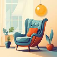 Bright interior illustration, modern armchair in flat style. Generative AI photo