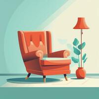 Bright interior illustration, modern armchair in flat style. Generative AI photo