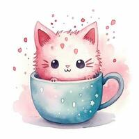 Cute watercolor illustration of kitten in a mug in kawaii style. Generative AI photo