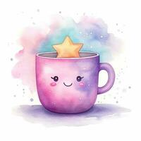 Cute watercolor illustration of a mug in kawaii style. Generative AI photo