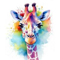 Colorful image of giraffe, watercolor illustration isolated on white background. Generative AI photo