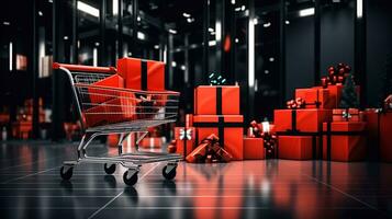 Black and red gift boxes on the floor in a shopping center and a supermarket cart. Black Friday mood, discount and sales concept. AI generated. photo