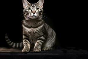 A beautiful adult tabby domestic cat sits on a dark background. AI generated photo