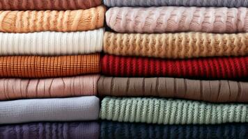 Warm woolen sweaters stacked in a row. AI generated. photo
