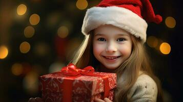 un pequeño niña sostiene un regalo caja con un Navidad o nuevo años regalo. ai generado foto