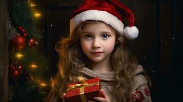 A little girl holds a gift box with a Christmas or New Year's gift. AI generated photo