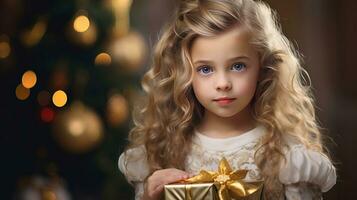 A little girl holds a gift box with a Christmas or New Year's gift. AI generated photo