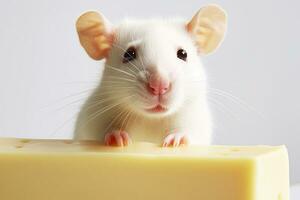 Close-up copy space white tame rat or mouse with cheese. AI generated. photo