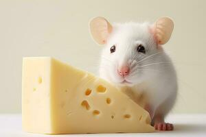 Close-up copy space white tame rat or mouse with cheese. AI generated. photo