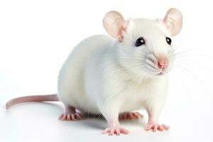 Close-up of a copy space white tame rat on a white background. AI generated. photo