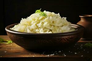 A bowl of sauerkraut. Healthy food, super food. AI generated. photo