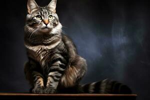 A beautiful adult tabby domestic cat sits on a dark background. AI generated photo