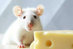 Close-up copy space white tame rat or mouse with cheese. AI generated. photo