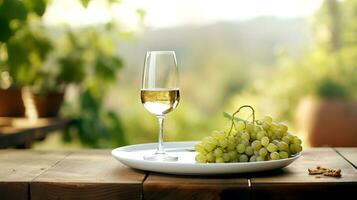 un vaso de vino y un manojo de uvas, fondo de un paisaje con viñedos. ai generado. foto