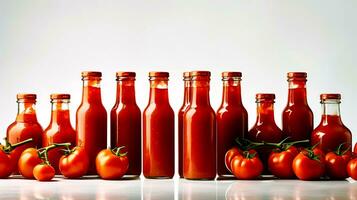 Glass transparent bottles with homemade tomato sauce. AI generated. photo