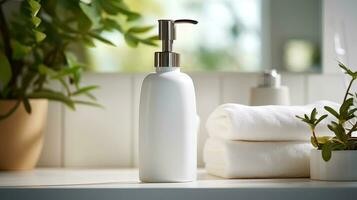 blanco botella con un bomba para líquido jabón en el interior de un hogar baño. ai generado. foto