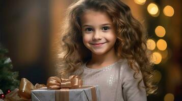 A little girl holds a gift box with a Christmas or New Year's gift. AI generated photo