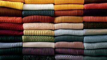 Warm woolen sweaters stacked in a row. AI generated. photo