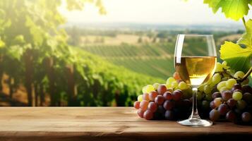 A glass of wine and a bunch of grapes, backdrop of a landscape with vineyards. AI generated. photo