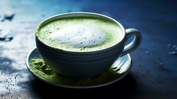 Matcha coffee in a porcelain cup. AI generated. photo