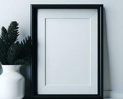 White blank frame mockup with black border on wall and flower ai generate photo