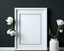 White blank frame mockup with black border on wall and flower ai generate photo