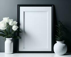 White blank frame mockup with black border on wall and flower ai generate photo