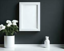 White blank frame mockup with black border on wall and flower ai generate photo