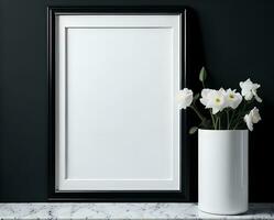 White blank frame mockup with black border on wall and flower ai generate photo