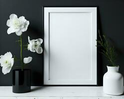 White blank frame mockup with black border on wall and flower ai generate photo