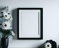 White blank frame mockup with black border on wall and flower ai generate photo