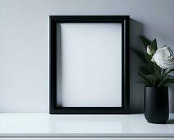 White blank frame mockup with black border on wall and flower ai generate photo