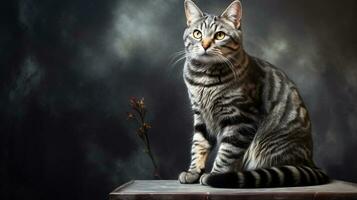 A beautiful adult tabby domestic cat sits on a dark background. AI generated photo