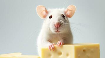 Close-up copy space white tame rat or mouse with cheese. AI generated. photo