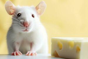 Close-up copy space white tame rat or mouse with cheese. AI generated. photo