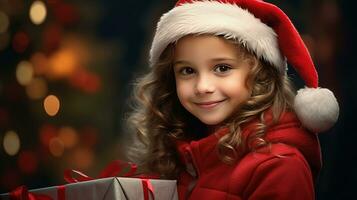 A little girl holds a gift box with a Christmas or New Year's gift. AI generated photo