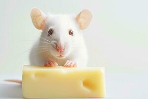 Close-up copy space white tame rat or mouse with cheese. AI generated. photo