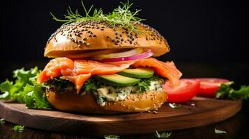 Bagel with salmon and avocado.  AI generated. photo