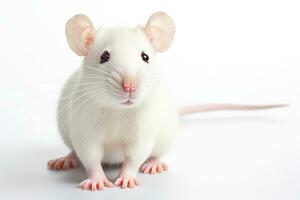 Close-up of a copy space white tame rat on a white background. AI generated. photo