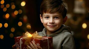 A little boy holds a gift box with a Christmas or New Year's gift. AI generated. photo