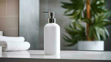 White bottle with a pump for liquid soap in the interior of a home bathroom. AI generated. photo