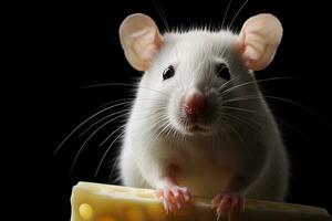 Close-up copy space white tame rat or mouse with cheese. AI generated. photo