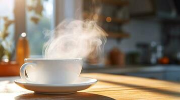 un taza de café en un platillo es en el mesa. ai generado. foto