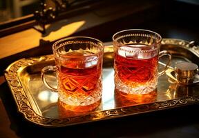 Two glasses of Turkish tea. Selective focus. AI generated. photo