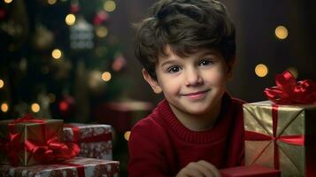 un pequeño chico sostiene un regalo caja con un Navidad o nuevo años regalo. ai generado. foto