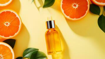 A bottle with a cosmetic product surrounded by oranges, top view. AI generated. photo