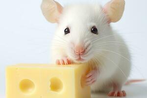 Close-up copy space white tame rat or mouse with cheese. AI generated. photo